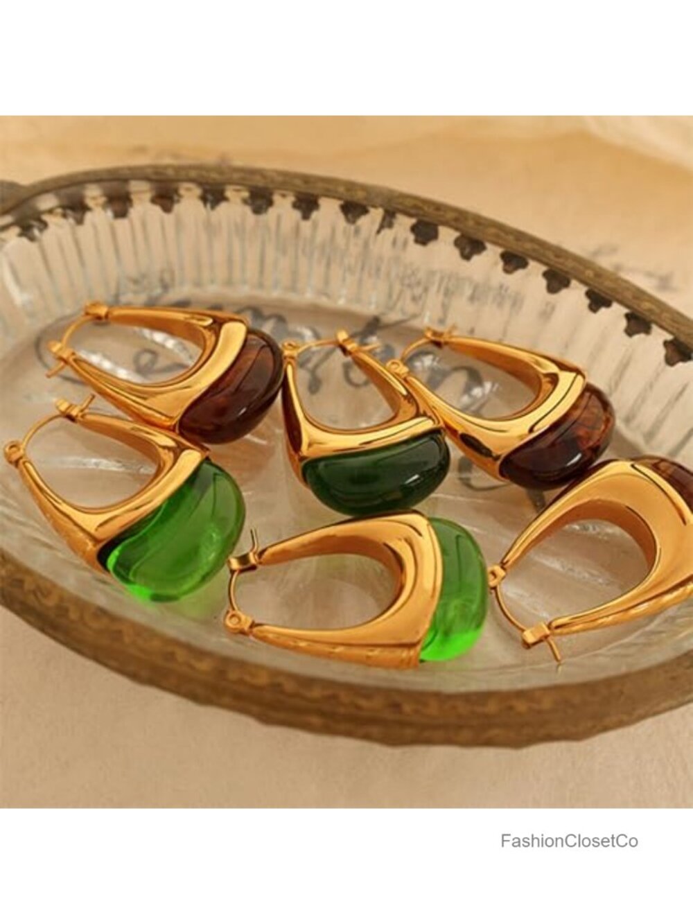 Gold Plated Chunky Hoop Dangle Earrings Stainless Steel Resin Drop - Picture 6 of 6
